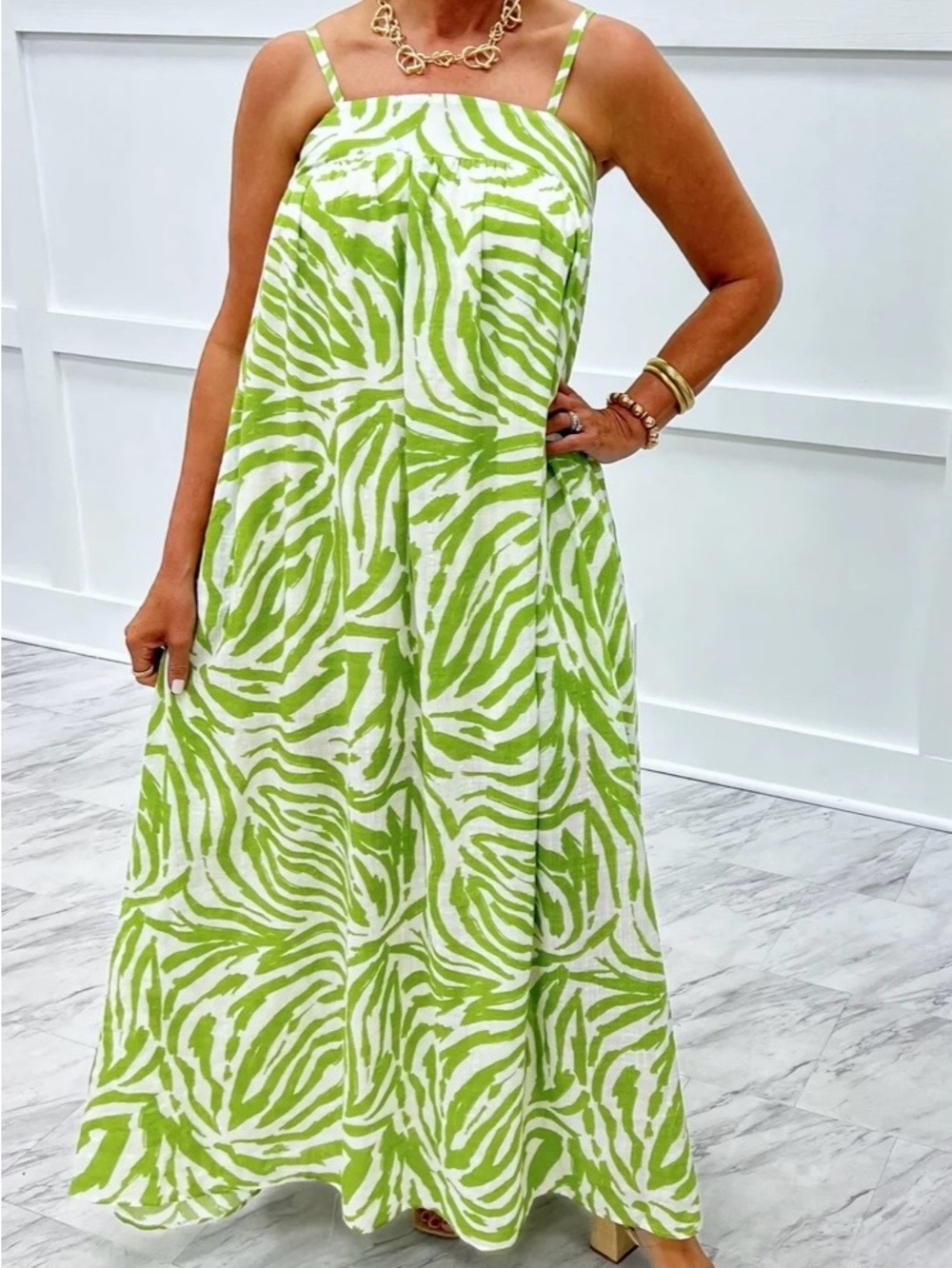 Entro Lime Green and White Linen Leaf Maxi Dress